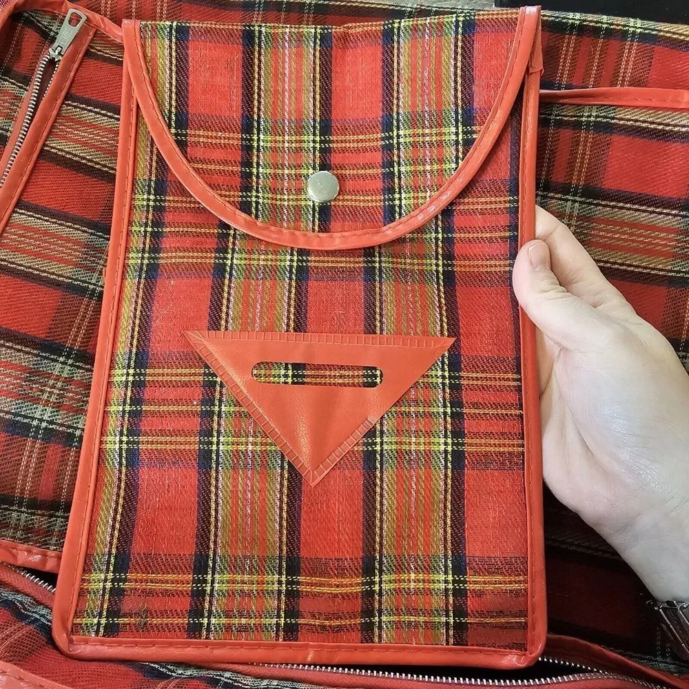 60s Retro Red Plaid Softshell Suitcase Carryon Luggage W Small Matching Bag 2 Pc
